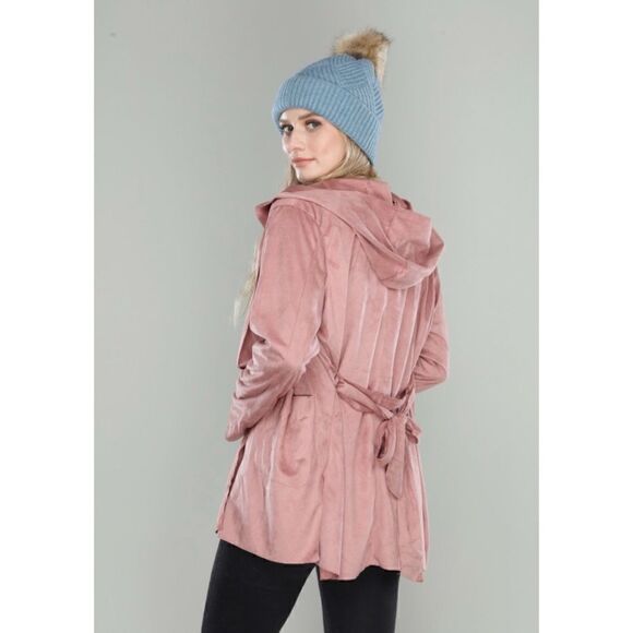 Mauve Belted Faux Suede Hooded Jacket - Picture 4 of 4